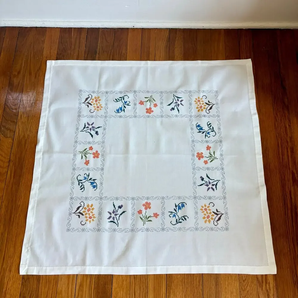 Vintage Cross Stitch Tablecloth Floral Border Heavy Cotton Square